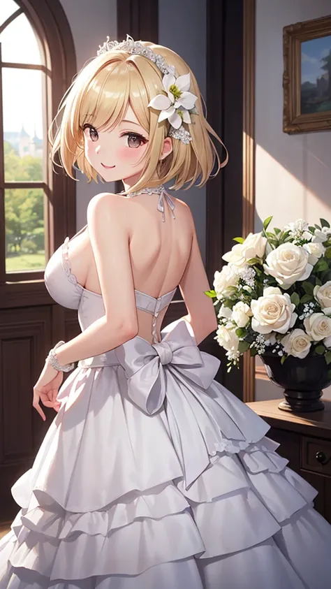 masterpiece、Highest quality、blonde、Shortcuts、White flower corsage、blush、20 year old female、Big Breasts、((turn around))、One sword、（White Wedding Dress）、White flower scenery inside the castle、（short white frilly skirt)、Like a bride、Very detailed、One person、s...