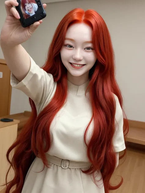  Korean with long red hair, smiling face, Selfie 