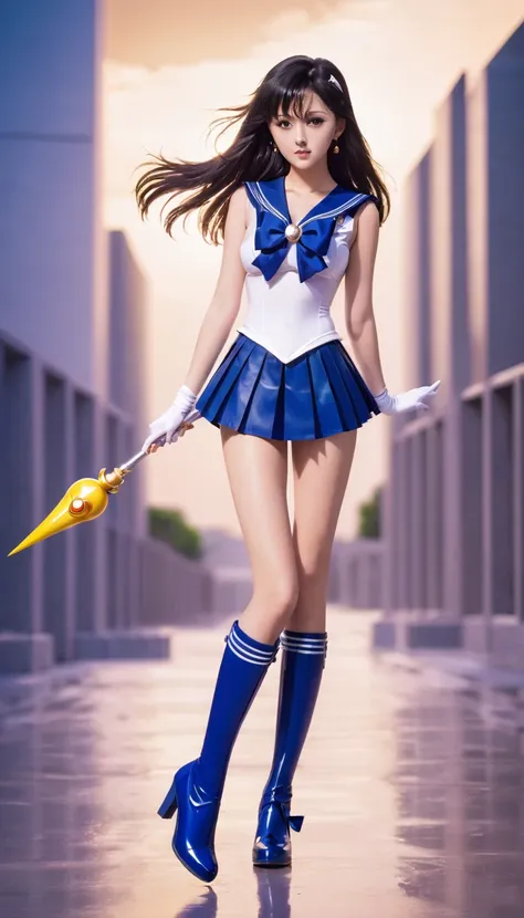 (best quality, high quality),1girl, sailor senshi unifoem, gloves, boots, bow, brooch,pleated miniskirt, magical girl, earrings, long hair, nsfw, latex, large_breasts, full body, korean idol, holding wand, wand, wand effect,agic effect, standing, crossed l...