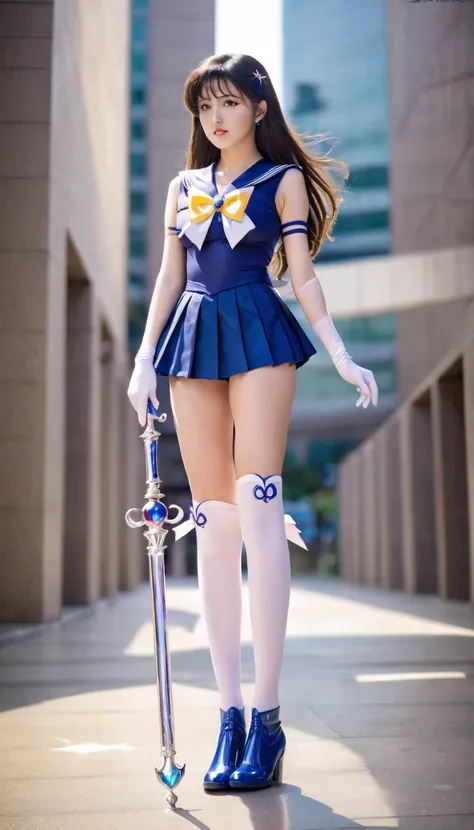 (best quality, high quality),1girl, sailor senshi unifoem, gloves, boots, bow, brooch,pleated miniskirt, magical girl, earrings, long hair, nsfw, latex, large_breasts, full body, korean idol, holding wand, wand, wand effect,agic effect, standing, crossed l...