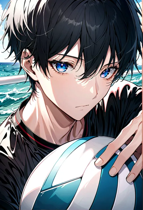 high resolution, Hikio Kageyama ,volleyball!!, Black Hair, Solitary, 1 boy, male, Ocean滩, Ocean, external, Delicate eyes, close up, Ocean滩 volleyball, Whole face