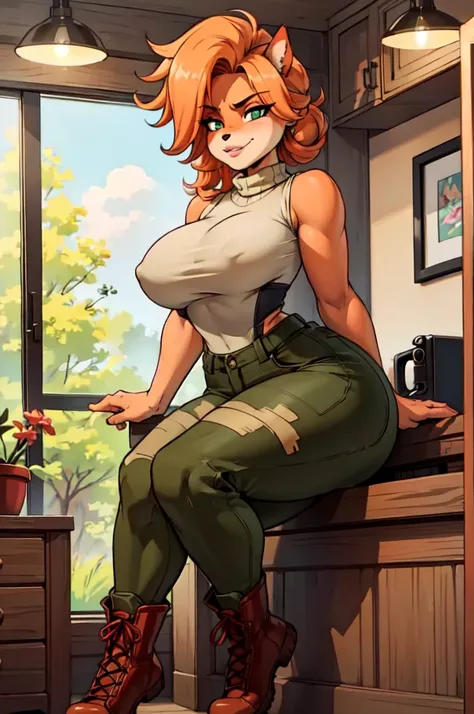 (best quality,4k,8k,highres,masterpiece:1.2),ultra-detailed,realistic:1.37,portrait,anthro bandicoot girl redhead, braided hair, beautiful green eyes, relaxing moment, sexy ,seductive, warm sweater, camouflage pants, army boots, smirking, cozy lighting, vi...