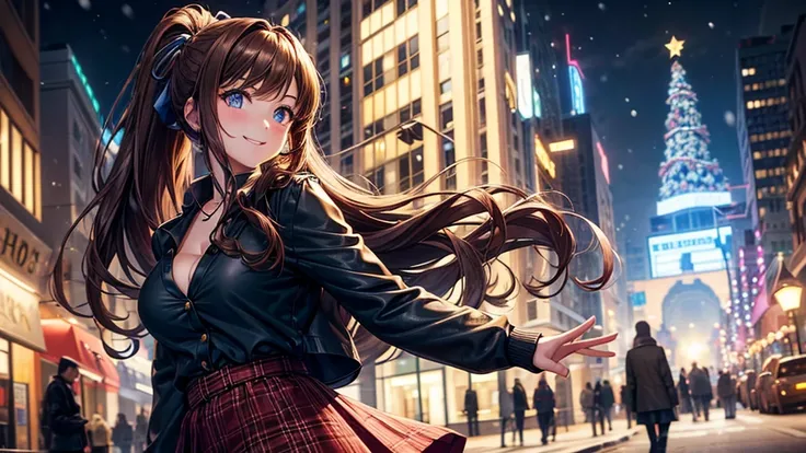 1girl, solo, christmas, ((christmas tree)), street, night, lights, snow, long hair, brown hair, curly hair, ponytail, large full breasts, ((brown leather jacket)), button down shirt, dark blue eyes, ((blue shirt)), ((unbuttoned shirt)), ((long skirt)), smi...