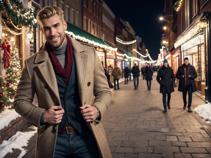 high quality photo, the street and shops are decorated with Christmas decorations and garlands, handsome brutal tall guy in stylish winter clothes, courageous face, short blond hair, beautiful athletic body, long coat, put his hands in his pockets, looks a...