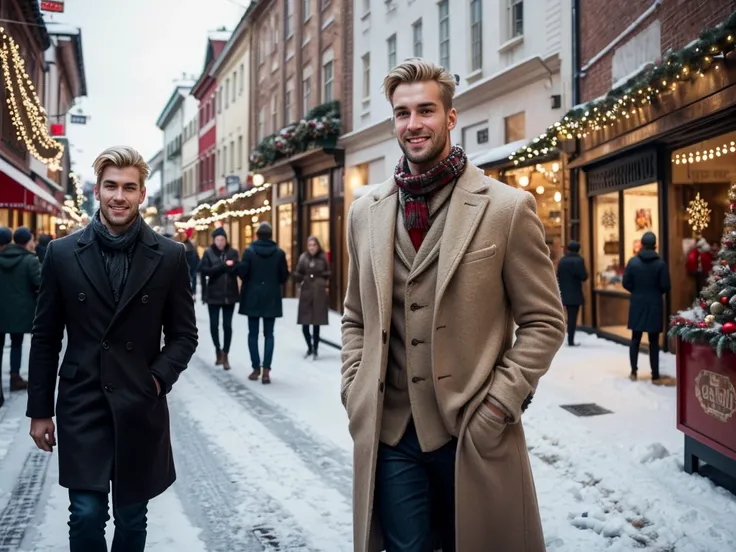 high quality photo, the street and shops are decorated with Christmas decorations and garlands, handsome brutal tall guy in stylish winter clothes, courageous face, short blond hair, beautiful athletic body, long coat, put his hands in his pockets, looks a...