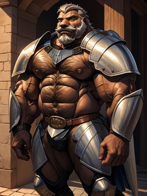 burly virile hairy werelion, in a suit of armor, a himbo muscle daddy, middle-aged dilf, hirsute, overmuscular and musclebound, bulging veiny muscles, a warriors build, a bodybuilders physique, long bushy and a thick mustache, a square jaw, handsome and dr...