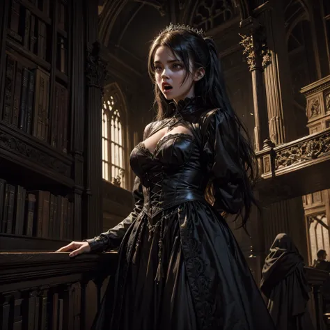 A female ghost inside a gothic library who with an open book in her hand has her mouth open to scream facing the camera, the dark-looking woman is located near a shelf of the library and is raised in the air