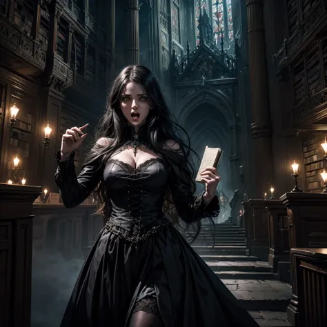 A female ghost inside a gothic library who with an open book in her hand has her mouth open to scream facing the camera, the dark-looking woman is located near a shelf of the library and is raised in the air