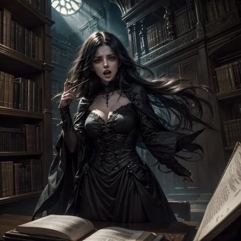 A female ghost inside a gothic library who with an open book in her hand has her mouth open to scream facing the camera, the dark-looking woman is located near a shelf of the library and is raised in the air