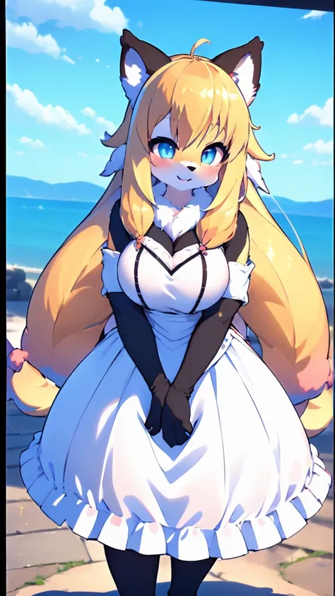 ((furry ear:1.3)),((little:2.5)),(white dress and frills:1.5),((very large bust size:1.8)),(fluffy tail:1.5),(skirt unfolds:1.5)...