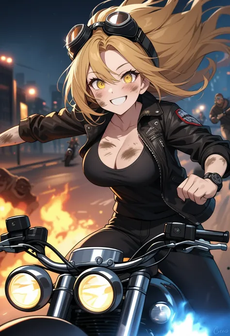 Golden hair, golden eyes, woman, cruiser motorcycle, big chest, motorcycle goggles, happy, big smile, dirty, burning city at night, zombie apocalypse, black streetwear, speeding, highly detailed, perfect eyes, perfect hands, highly detailed eyes