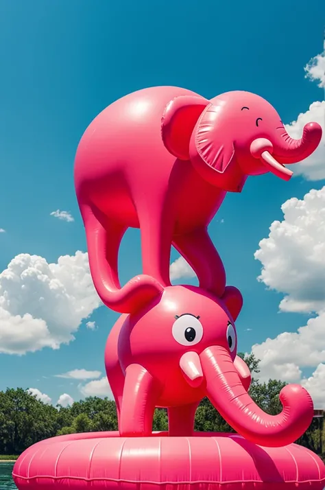 Strawberry elephant standing on an inflatable flamingo 