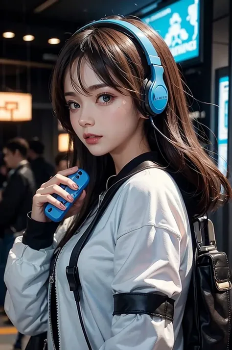 Handheld controller、Woman wearing gaming headphones