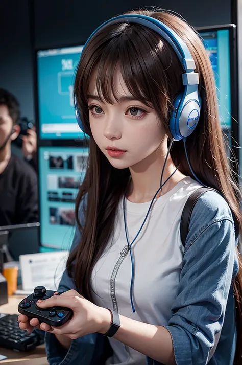 Handheld controller、Woman wearing gaming headphones