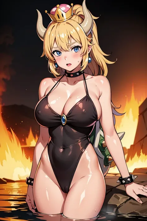 best quality, high resolution, large breasts, blonde hair, blush, embarrassed, cowboy shot, looking at viewer, bowsette, pink lip, (into the volcano), (bathing in lava), sexy legs, black slingshot swimsuit, (((oiled body)))