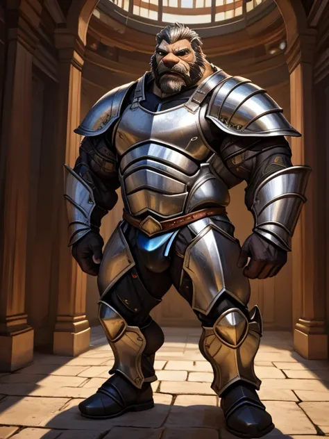 burly virile hairy werelion, in a suit of armor, a himbo muscle daddy, middle-aged dilf, hirsute, overmuscular and musclebound, bulging veiny muscles, a warriors build, a bodybuilders physique, long bushy and a thick mustache, a square jaw, handsome and dr...