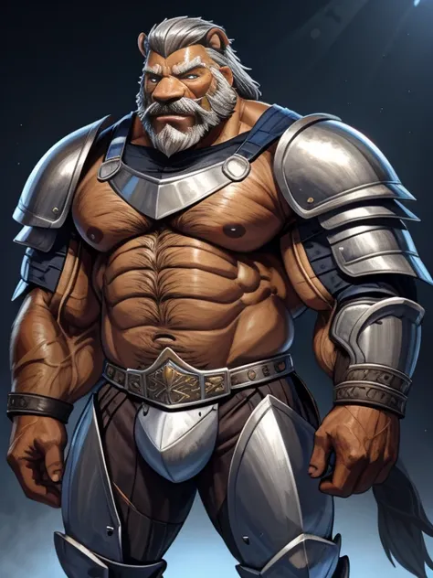 burly virile hairy werelion, in a suit of armor, a himbo muscle daddy, middle-aged dilf, hirsute, overmuscular and musclebound, bulging veiny muscles, a warriors build, a bodybuilders physique, long bushy and a thick mustache, a square jaw, handsome and dr...