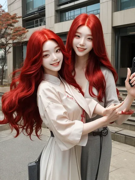  Korean with long red hair, smiling face, Selfie 