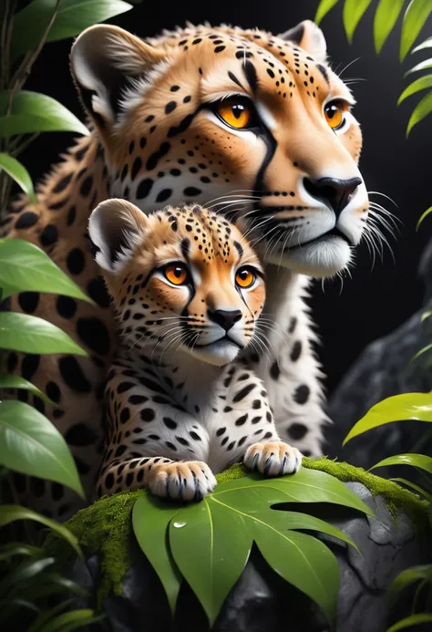 Lush plants，1 cheetah and cub on a rock in the jungle, Deep orange eyes, black and white, black background, (best quality,4K,8K,high resolution,masterpiece:1.2),Extremely detailed,(Practical,photoPractical,photo-Practical:1.37),Highly detailed animal portr...