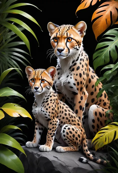 Lush plants，1 cheetah and cub on a rock in the jungle, Deep orange eyes, black and white, black background, (best quality,4K,8K,high resolution,masterpiece:1.2),Extremely detailed,(Practical,photoPractical,photo-Practical:1.37),Highly detailed animal portr...