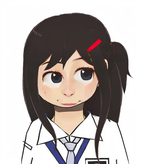 high school anime girl with black hair pulled back in a ponytail and a white shirt and tie. using a hairpin in the red hair on the left, and on his face there is a mole under the eye on the right with a smiling face