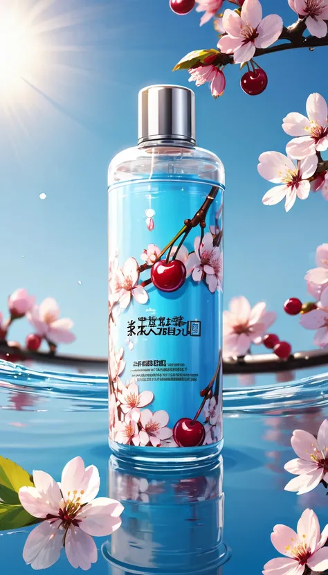 best quality, 4K, 8K, high resolution, masterpiece, very detailed, realistic, mixer, makeup bottle, cherry blossoms wrapped around, blue sky background, water, sunlight, low perspective, product rendering