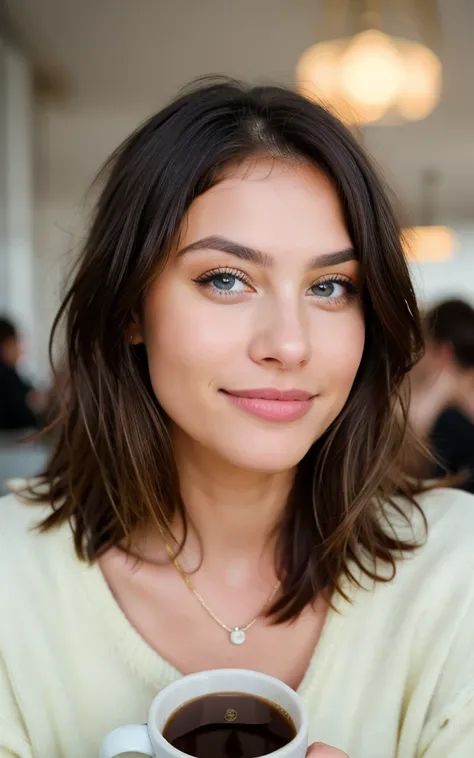 Cute beautiful blonde with yellow sweater (Drinking coffee in a modern café at sunset), muito detalhado, 14years old, innocent face, naturally wavy hair, blue eyes, high-res, ​masterpiece, best qulaity, Intricate detailing, muito detalhado, sharp focus, de...