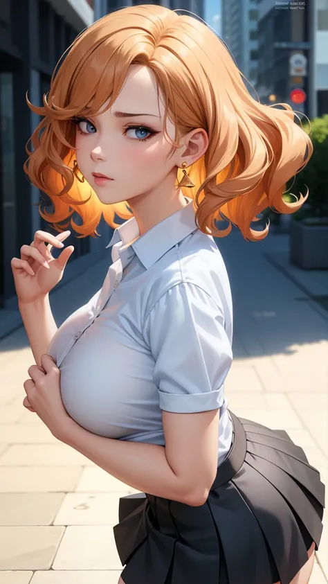 (best quality:1.5, High resolution, Ultra HD, 4K, Detailed lighting, Shaders), (High quality eyes), ( Perfect fingers),  Curly hair, Gradient hair, Large Breasts, Set, shirt, 社交shirt, Short skirt, Mature woman , (View), White background, Colored eyeshadow,...