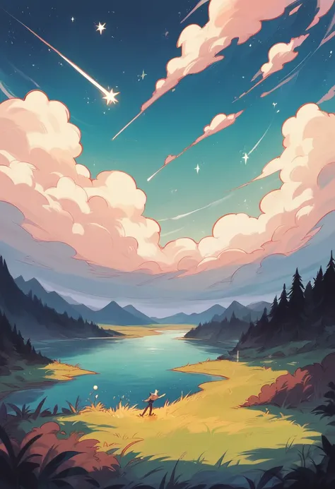 A giant night lake scenery, shooting stars in the sky, a massive falling star hitting the lake in the middle, abstract colors