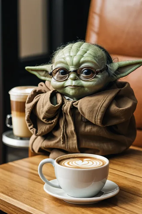 Baby Yoda with glasses and cup of coffee