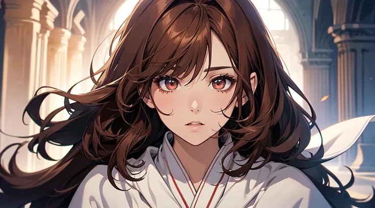 Close up portrait of a beautiful girl, Thick brown hair, Brown eyes, Full lips, Surface details, Clear facial expressions，Detailed Digital Animation Art，Digital Animation Art，High-quality anime art style，middle Ages, Wearing a white robe, Speechless, confu...