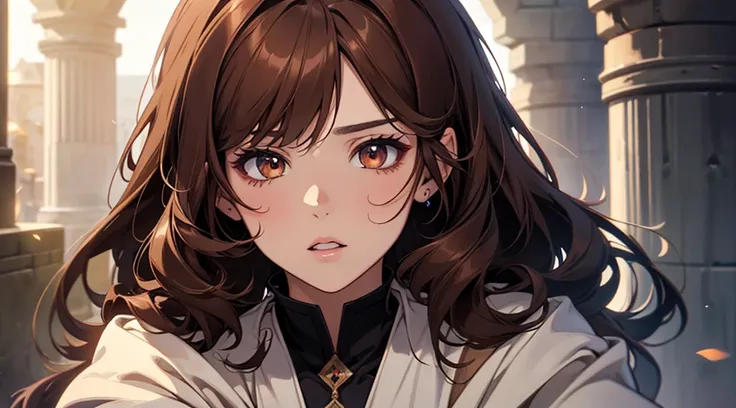 Close up portrait of a beautiful girl, Thick brown hair, Brown eyes, Full lips, Surface details, Clear facial expressions，Detailed Digital Animation Art，Digital Animation Art，High-quality anime art style，middle Ages, Wearing a white robe, Speechless, confu...