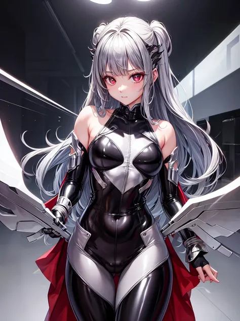 Highest quality 8K UHD、silver metallic bodysuit、silver body tights、Shorthai、Upper Body Up, dusty. Dusty red eyes, silver long hair, straight haircut, straight bangs 