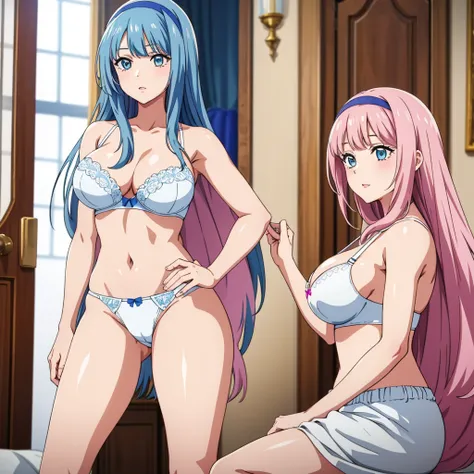 Boobs exposed ,White panties、White bra、In underwear、masterpiece, highest quality, 8K,Mylene HFV4, Anime Coloring,  One girl,  jewelry, hair band, blue hair band,Very long hair,Pink 