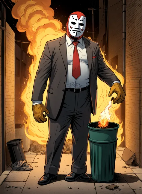 Minimalistic comic artwork of a large man in a business suit, wearing a wrestling mask, standing by a hobo trashcan fire in an alley, crosshatching, 2D, Sharp, Detailed, HD, HDR, High Quality, High Resolution, Masterpiece, single panel