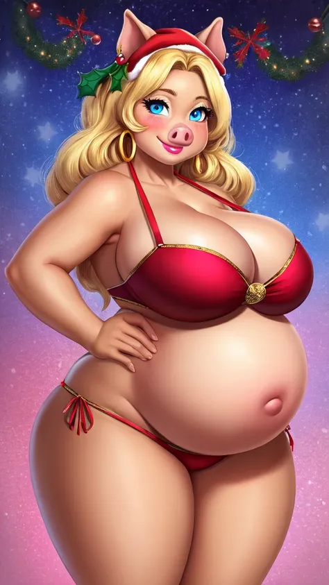 Blonde pig woman, wearing a Christmas bikini, perfect face, blue eyes, big breasts, cleavage, big belly, three-quarter view, solo, smile, perfect detailed body, pink lipstick, gold earring, hand on hips, blushing