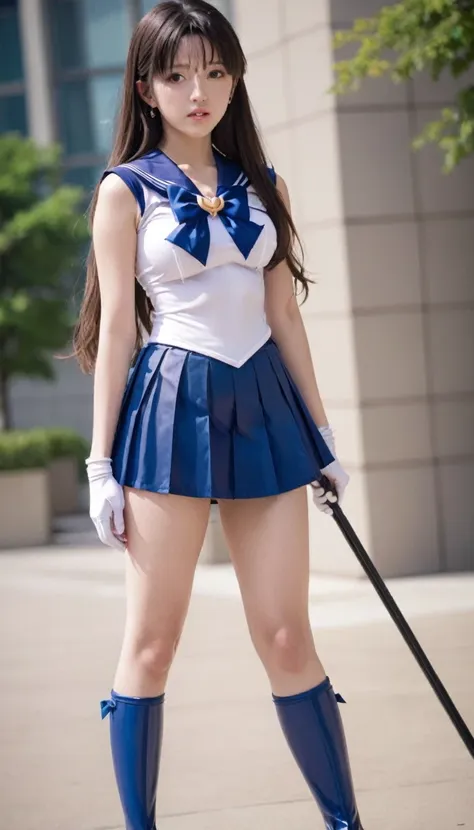 (best quality, high quality),1girl, sailor senshi unifoem, {{gloves, boots}}, bow, brooch,pleated miniskirt, magical girl, earrings, long hair, nsfw, latex, large_breasts, korean idol, holding wand, wand, wand effect,agic effect, standing, crossed legs,