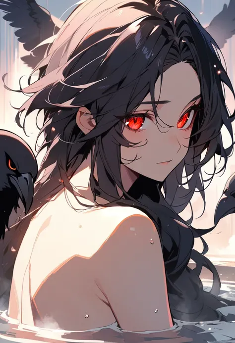 1 woman, red eyes, black hair, crow, glowing eyes, parted bangs, peaceful face, bathing, nude