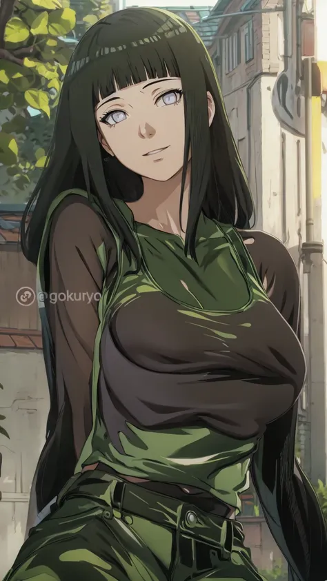 anime girl with long straight black hair, wearing a tight green tank top, standing in a sunlit outdoor setting with green leaves...