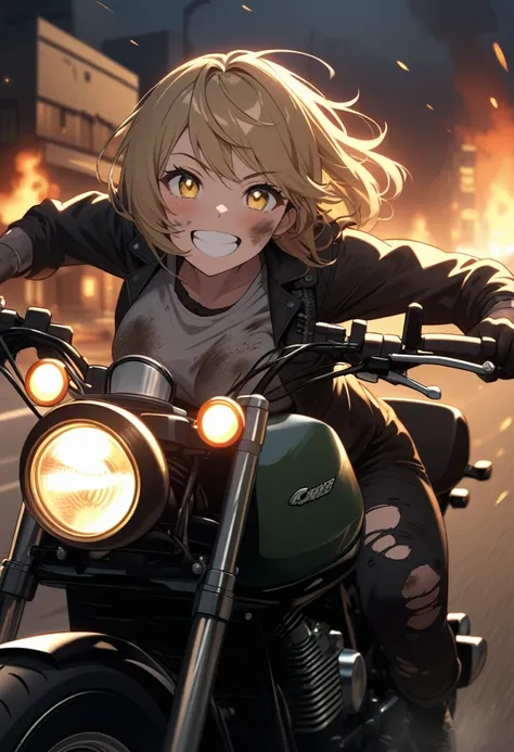 Golden hair, golden eyes with black pupils, woman, cruiser motorcycle, big chest, motorcycle goggles, happy, big smile, dirty, burning city at night, zombie apocalypse, tattered black streetwear, speeding, highly detailed, perfect eyes, well defined eyes, ...