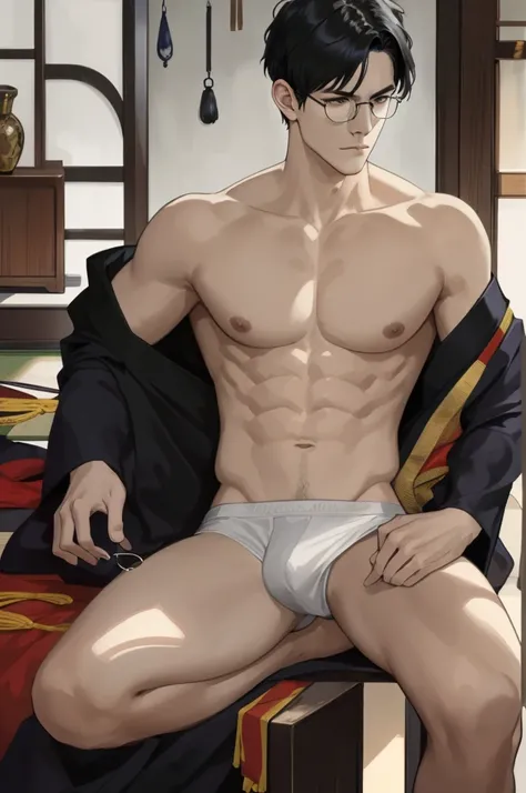 masterpiece, best quality, realistic, 1man, male focus, tall muscular, handsome, [thin eyebrows:0.5], serious, shirtless, portrait, extremely detailed face, black hair, (short hair), shirtless, six packs, full body, Japanese, round glasses, relax