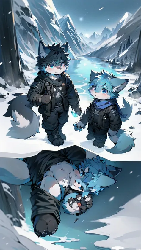 Male werewolf in black combat uniform, Blue scarf, Off-white fur, Sky blue eyes, In the snowy mountain scenery, A knife in each hand, Wolf ears, Fluffy fur, Wolf Tail, snow