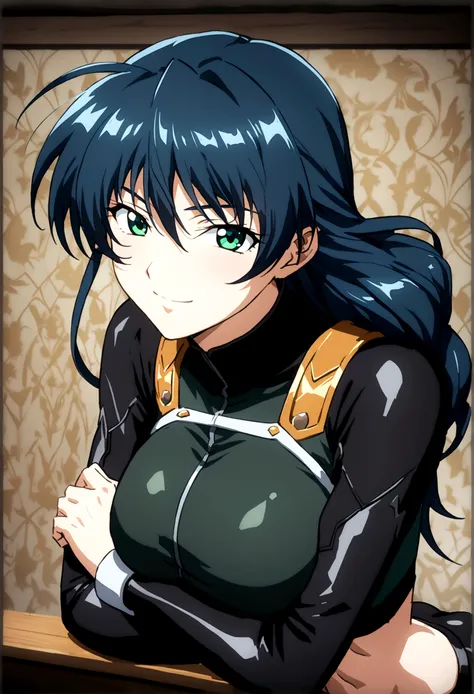 Large Breasts, anime girl with blue hair and green eyes long haired, misato katsuragi, portrait knights of zodiac girl, fubuki, kusanagi, inspired by Rei Kamoi, nico robin, ikki tousen, knights of zodiac girl, juri misaki, gainax anime style, close view 8K...