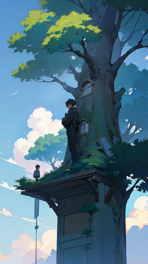 a painting of a tree and a boy stand near the tree and a house in the sky by Makoto Shinkai, cgsociety, neo-romanticism, anime aesthetic, wallpaper, anime