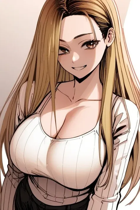 score_9, score_8_Excellent, score_7_Excellent, Hello、he, Brown eyes, blonde, Multicolored Hair, Long Hair,Long sleeves Round neck,White ribbed camisole、Black shorts、Are standing,Big Breasts、One Girl、smile