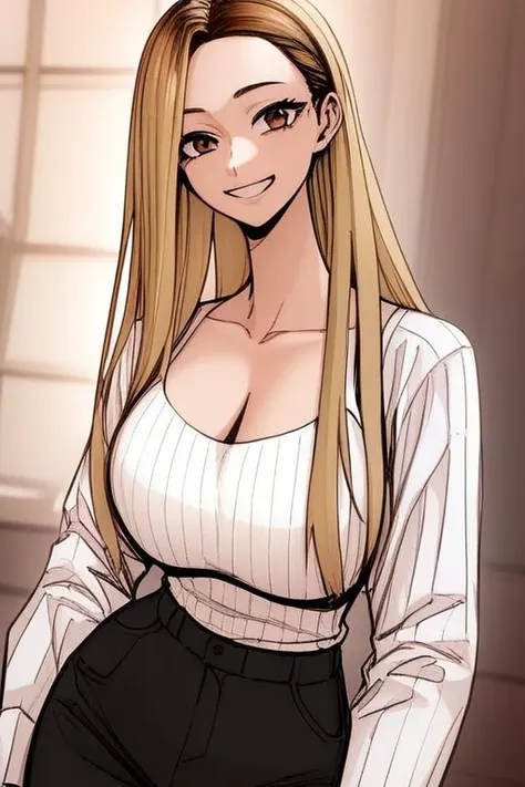 score_9, score_8_Excellent, score_7_Excellent, Hello、he, Brown eyes, blonde, Multicolored Hair, Long Hair,Long sleeves Round neck,White ribbed camisole、Black shorts、Are standing,Big Breasts、One Girl、smile