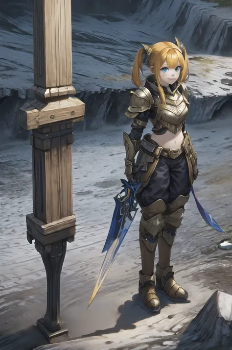 One girl, l2gnome, gnome, View your viewers, smile, blue eyes, armor, (Highest quality: 1.3), (masterpiece: 1.3), Mid-chest, close,Twin tails、Yellow Hair