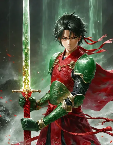 1 Domineering boy,  Axisymmetric combination is correct，Solitary，Male swordsman，Hold the hilt of the sword，每只手Hold the hilt of the sword，Ruby sword，jade sword,  The blade glows，Front view, close up， ((best quality)), ((masterpiece)), ((Practical))，Ultra HD...