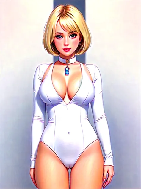 masterpiece, white bodysuit, full body shot, cleavage, gorgeous woman, clone, barcode, blonde, slave collar, 1girl, bobcut