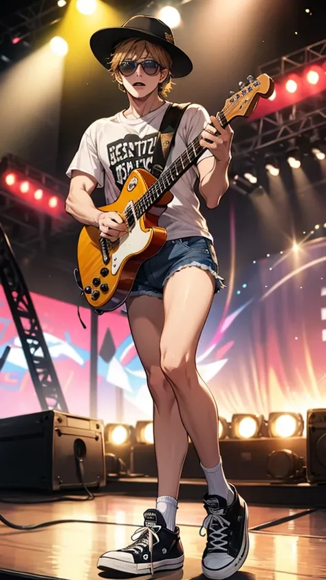 A man wearing a vintage band T-shirt, cutoff denim shorts, Converse sneakers, sunglasses, and a fedora hat. The background is a music festival venue with a stage, crowds, and vibrant decorations